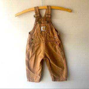 Baby Carhartt Overalls Brown Duck Canvas Onesie 6 months Snap Bibs Like new